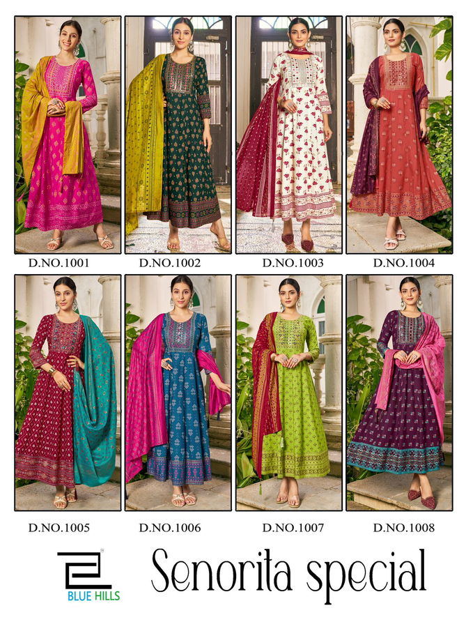 Senorita Special  By Blue Hills Rayon Printed Anarkali Long Kurti With Dupatta Wholesale Online